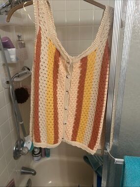 Grace Karin Striped Crochet Button-Front Sweater Vest in Cream, Yellow & Rust